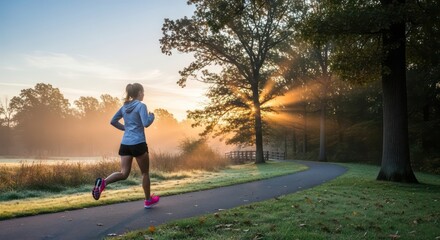Woman Running in Park at Sunrise with Sun Rays Through Trees.