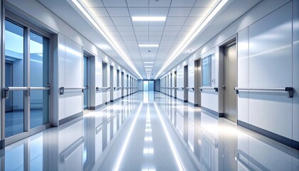 Modern Hospital Corridor Bright and Clean Perspective with Reflective Surfaces