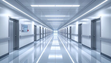Modern hospital corridor with elevators and bright lighting, showcasing futuristic design and sterile environment for healthcare services and patient care