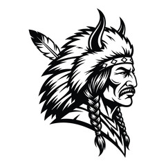 Native american warrior profile emblem fierce tribal chief head with feathers and horns silhouette
