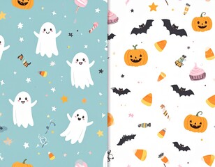 Set of two adorable Halloween seamless patterns featuring cute ghosts, smiling pumpkins,bats, and sweet treats. Ideal for children's decor and party invitations