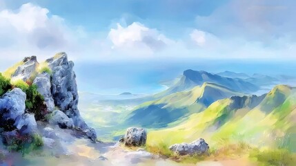 晴れた日の岩山から望む緑豊かな山々と海