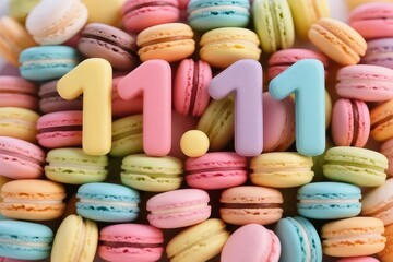 パステルマカロンの山とカラフルな数字の装飾