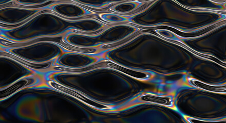 Abstract Iridescent Liquid Surface with Ripples and Swirls Reflecting Rainbow Colors in Dark Ambient Lighting