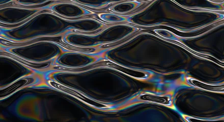 Selbstklebende Fototapeten Fraktale Wellen Abstract Iridescent Liquid Surface with Ripples and Swirls Reflecting Rainbow Colors in Dark Ambient Lighting  © ossama