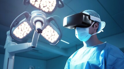 Surgeon wearing virtual reality headset in operating room