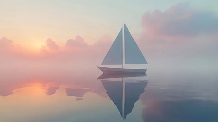 霧にかすむヨット 静かな海とピンク色の空の日の出