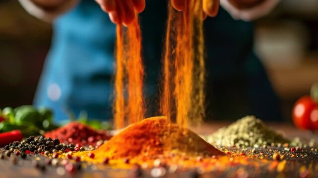 Chef Handfuls of Colorful Spices Falling on Wooden Table