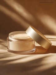 木の葉の影に映えるゴールドのふた付きベージュパウダー