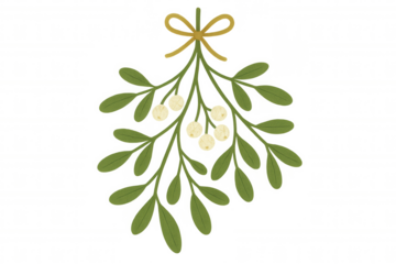 Mistletoe sprig with green leaves, white berries, and a tied yellow ribbon, representing festive christmas and holiday tradition, transparent background