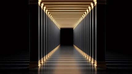 Fototapeta premium 黒とゴールドの柱が並ぶ廊下 暗闇に光る抽象的な構造