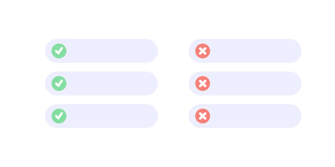 Blank label list with green tick check mark and cross mark template. Schedule, plan, progress, business, note, reminder, task, assessment concepts. Flat vector design isolated illustration.