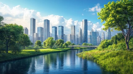 Obraz premium Cityscape with river and lush greenery under a bright blue sky