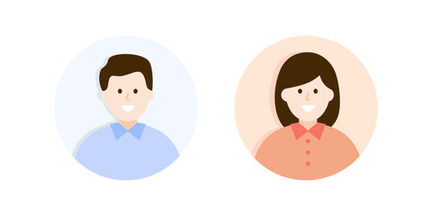 Smiling man and woman avatar profile icon. Happy businessman and businesswoman portrait. Flat vector people character design isolated illustration.