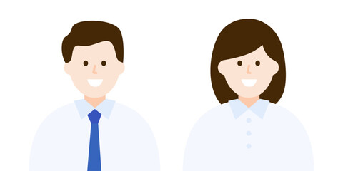 Happy smiling businessman and businesswoman. Man and woman worker wearing suit portrait. Success, achievement, professional concepts. Flat vector people character design isolated illustration.
