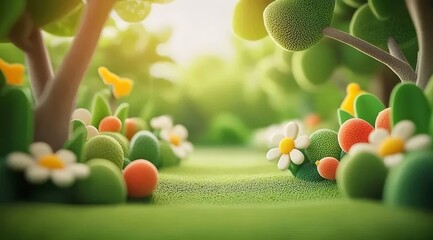 鮮やかな緑の草と花のカートゥーンの庭