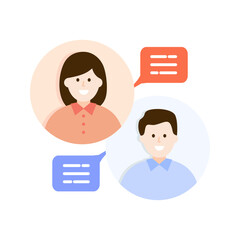 Man and woman talking with speech bubble. Communication, conversation, teamwork, collaboration, connection, opinion concepts. Flat people character vector design isolated illustration. 