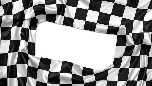 A realistic, flowing checkerboard racing flag forms a frame, with a bright white void in its center, inviting space