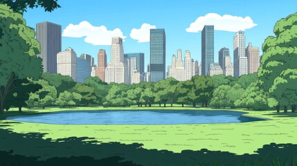 Obraz premium Cartoon depiction of city park with buildings and trees under blue sky