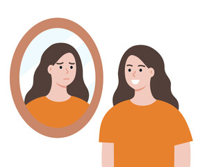 Girl reflection looking in the mirror. Beauty, lifestyle, image, mental health, ego, stress, anxiety concepts. Flat vector character design isolated illustration.