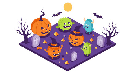 Fototapeta premium Isometric halloween scene with pumpkins and monsters under a full moon