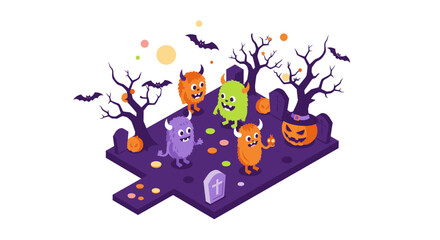 Colorful halloween monsters in isometric graveyard with pumpkins and bats