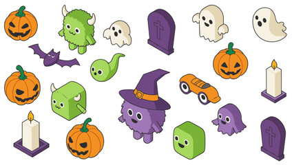 Cute isometric halloween icons with ghosts, pumpkins, and monsters in fun colors