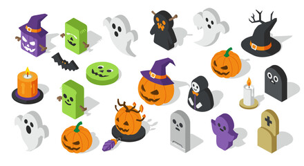 Fototapeta premium Spooky isometric halloween icons with pumpkins, ghosts, and haunted elements