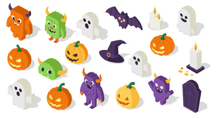 Naklejka premium Playful isometric halloween characters and objects for festive designs
