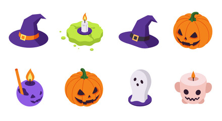 Isometric halloween icons set with witch hats, pumpkins, and ghosts
