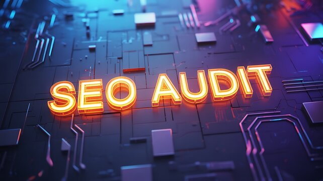 Glowing SEO Audit Text on Futuristic Circuit Board