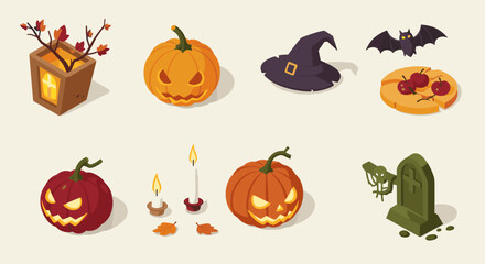 Isometric halloween icons: pumpkins, tombstones, and spooky elements