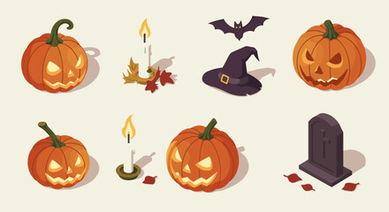 Spooky halloween elements: pumpkins, candles, witch hat, bat, tombstone in isometric style