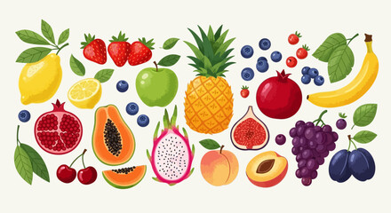 A colorful assortment of various fruits, including berries, citrus, and tropical varieties.