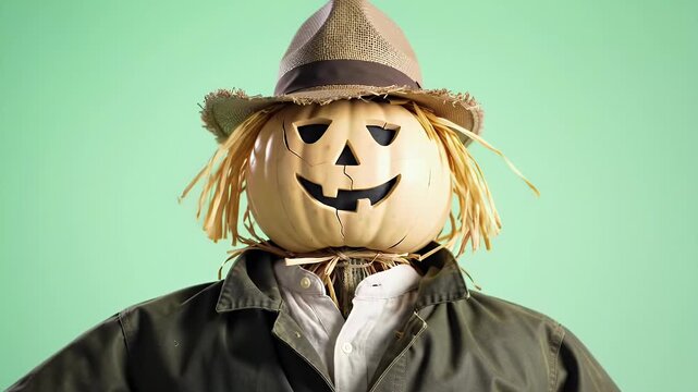 A whimsical scarecrow pumpkin head with a straw hat and a friendly face, ready for autumn