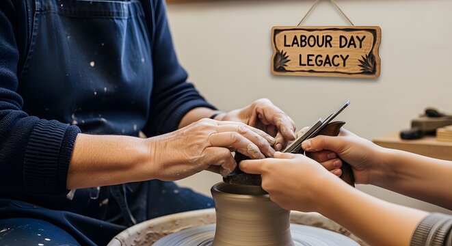 Generational hands crafting pottery celebrating Labour Day heritage clay wheel skill craft teaching art legacy - Powered by Adobe