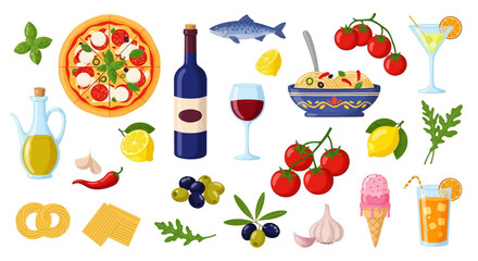 Illustration of Italian food and drink, including pizza, pasta, wine, and various ingredients.