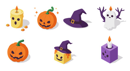 Naklejka premium Isometric halloween icons: pumpkin, witch hat, candle, ghost for festive design
