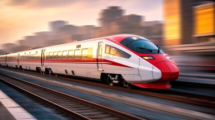 Fototapeta premium High-Speed Train Blurs Through Cityscape at Sunset