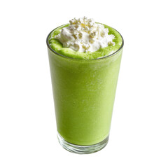 Delicious green smoothie topped with whipped cream served in a glass in a bright kitchen setting