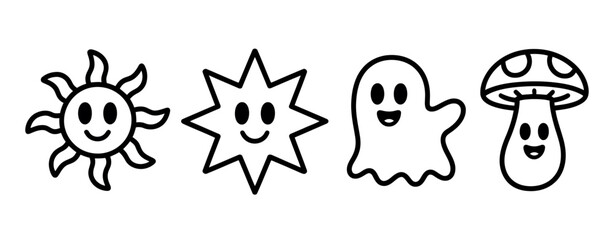 Fototapeta premium Featuring a collection of joyful cartoon icons, including a sun, star, playful ghost, and a mischievous mushroom, this image evokes feelings of happiness and fun.
