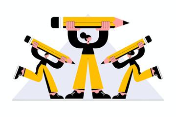 An engaging illustration depicting three designers holding large pencils, emphasizing teamwork and artistic collaboration in a colorful and modern design aesthetic.