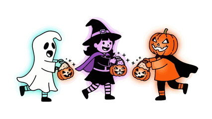 Spirited Halloween Trio: A whimsical illustration showcases a playful ghost, a witch, and a Jack-o'-lantern, all joyfully trick-or-treating with vibrant costumes and gleaming treat baskets.