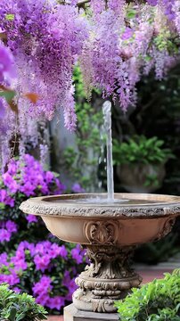 Ornate fountain with water jet, framed by vibrant purple wisteria and blooming azaleas in a lush garden setting