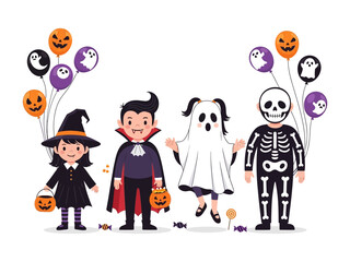 Spooky Halloween Kids Gathering: Capturing the enchanting spirit of Halloween with four children in charming costumes surrounded by festive balloons and Jack-o'-lanterns.