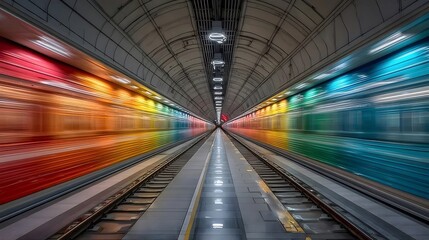 モーションブラー効果のあるカラフルな地下鉄トンネル
