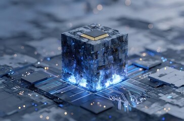 中央に光る立方体がある青い回路基板