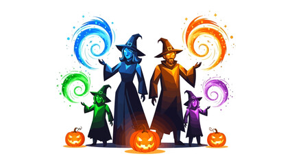 Mystical Gathering: A fantastical family of wizards, each wielding vibrant magical orbs and dressed in iconic cloaks, stands before a set of glowing jack-o'-lanterns.