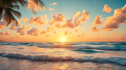 Tropical Beach Sunset with Palm Trees and Golden Sky
