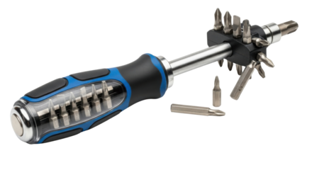 Multi-bit screwdriver tool with interchangeable bits isolated PNG with Transparent Background